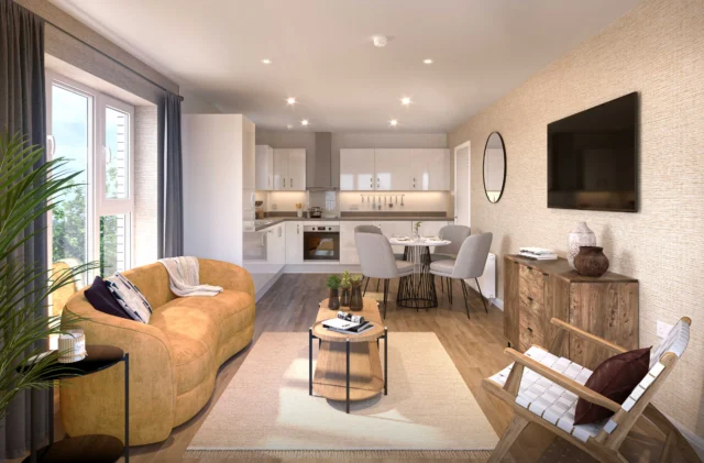 Open plan living room in a Rochester Riverside apartment