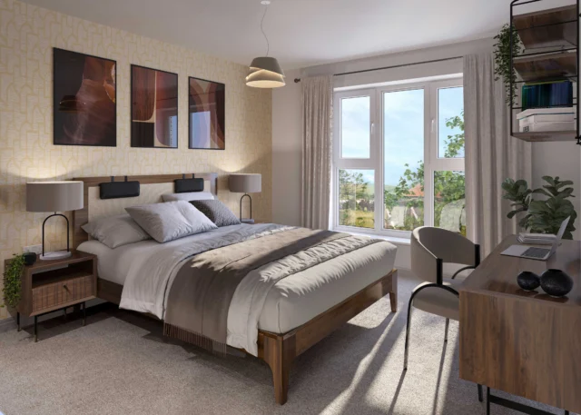 Bedroom in a Rochester Riverside apartment